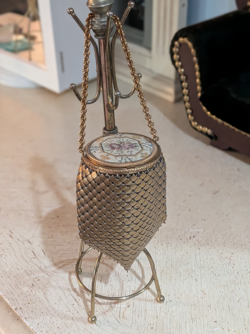 Vintage 1920's Gold Mesh Evening Bag with Embroidered Top